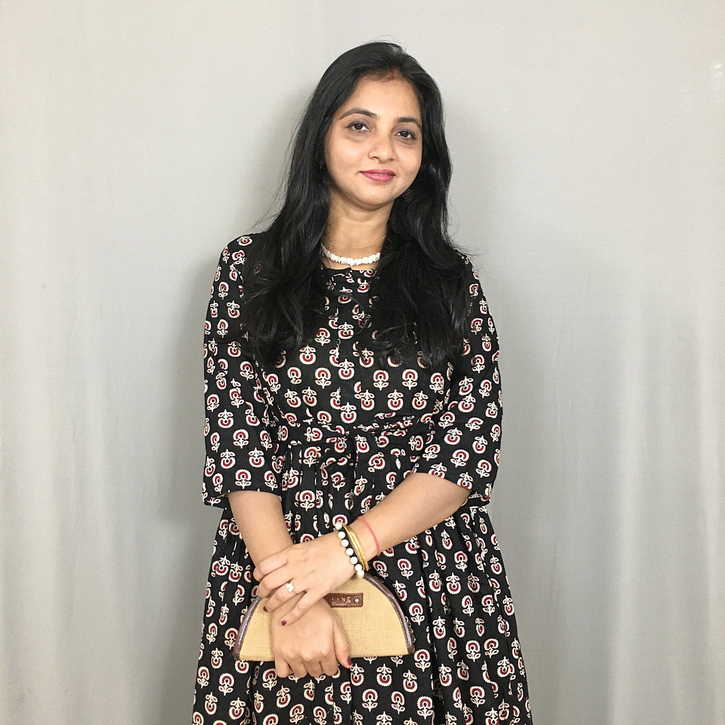 Ajrakh Sunflower Black - Maternity Kurti with Feeding Zips - Cotton Flex - Thicker Fabric