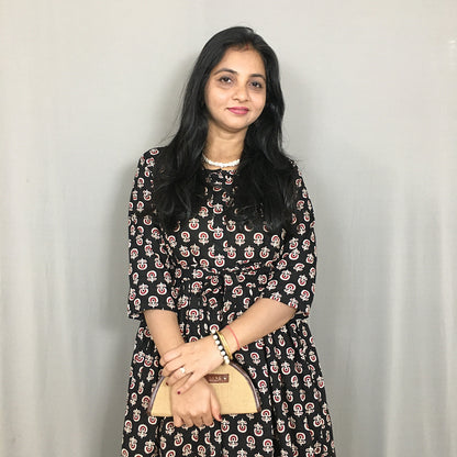 Ajrakh Sunflower Black - Maternity Kurti with Feeding Zips - Cotton Flex - Thicker Fabric