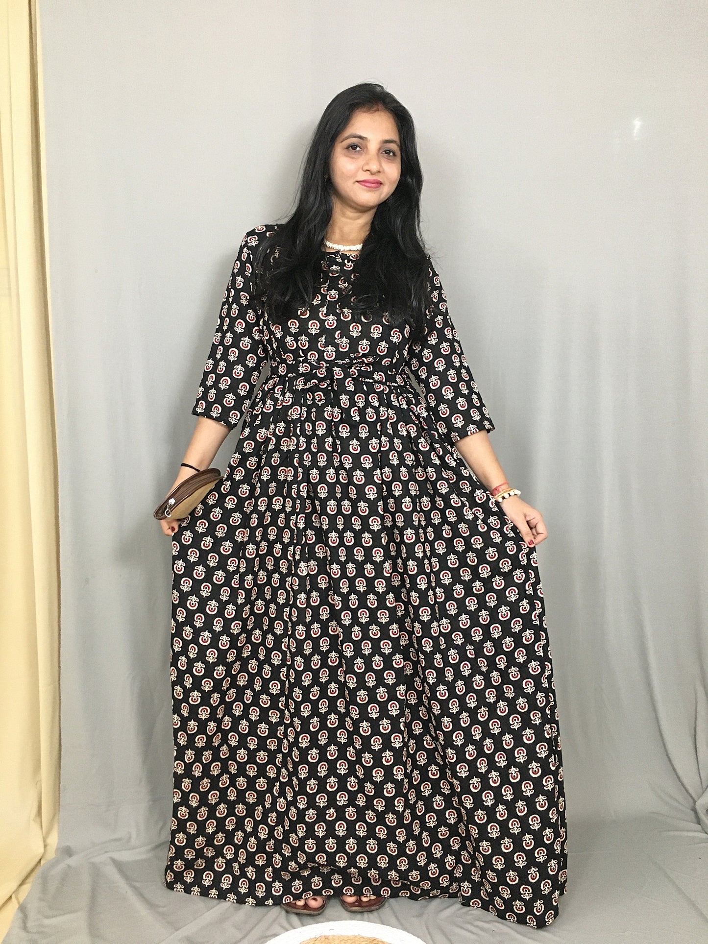 Ajrakh Sunflower Black - Maternity Kurti with Feeding Zips - Cotton Flex - Thicker Fabric
