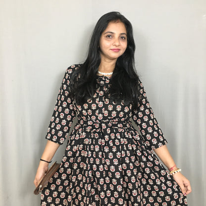 Ajrakh Sunflower Black - Maternity Kurti with Feeding Zips - Cotton Flex - Thicker Fabric