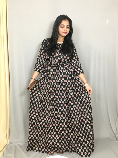 Ajrakh Sunflower Black - Maternity Kurti with Feeding Zips - Cotton Flex - Thicker Fabric
