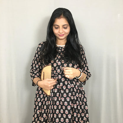 Ajrakh Sunflower Black - Maternity Kurti with Feeding Zips - Cotton Flex - Thicker Fabric