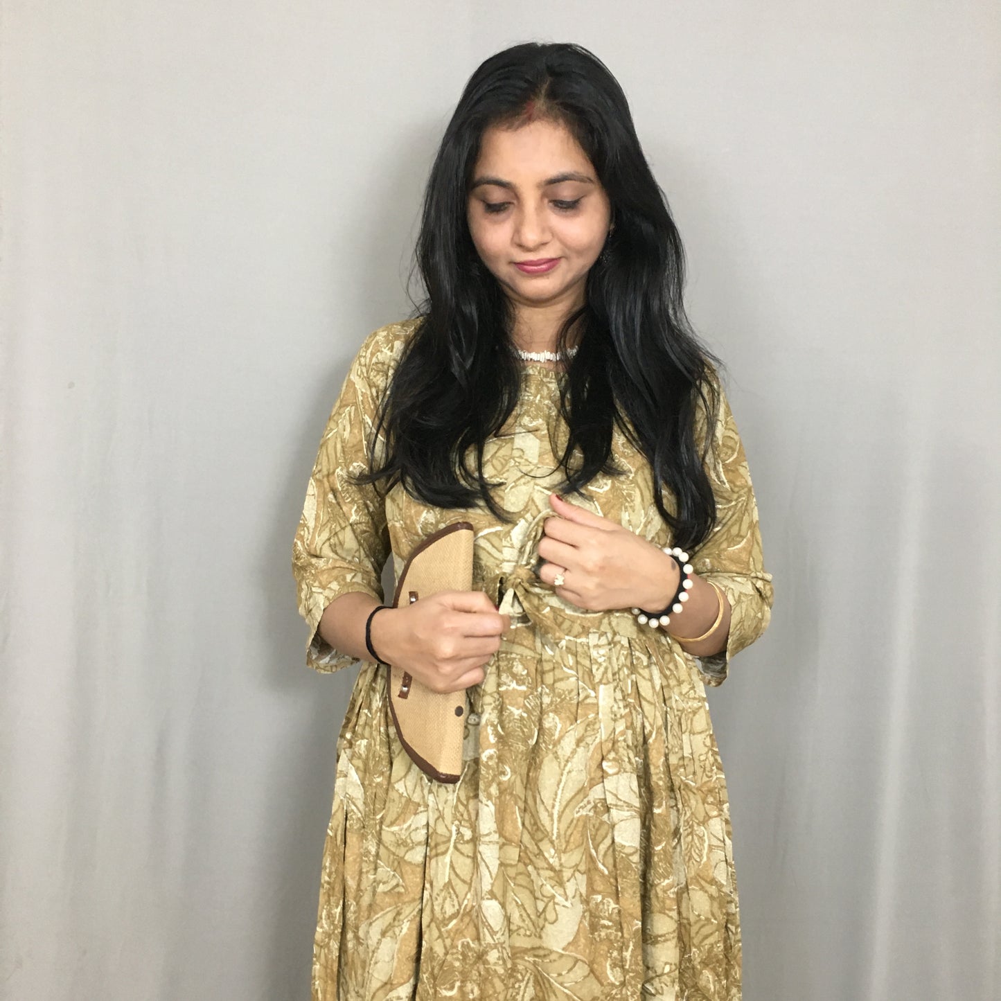 Multi Flower Dessert Cream  - Maternity Kurti with Feeding Zips - Soft Rayon