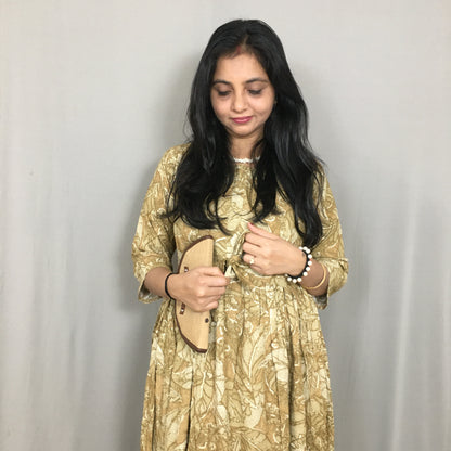Multi Flower Dessert Cream  - Maternity Kurti with Feeding Zips - Soft Rayon