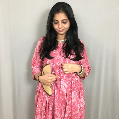 Multi Flower Baby Pink - Maternity Kurti with Feeding Zips - Soft Rayon