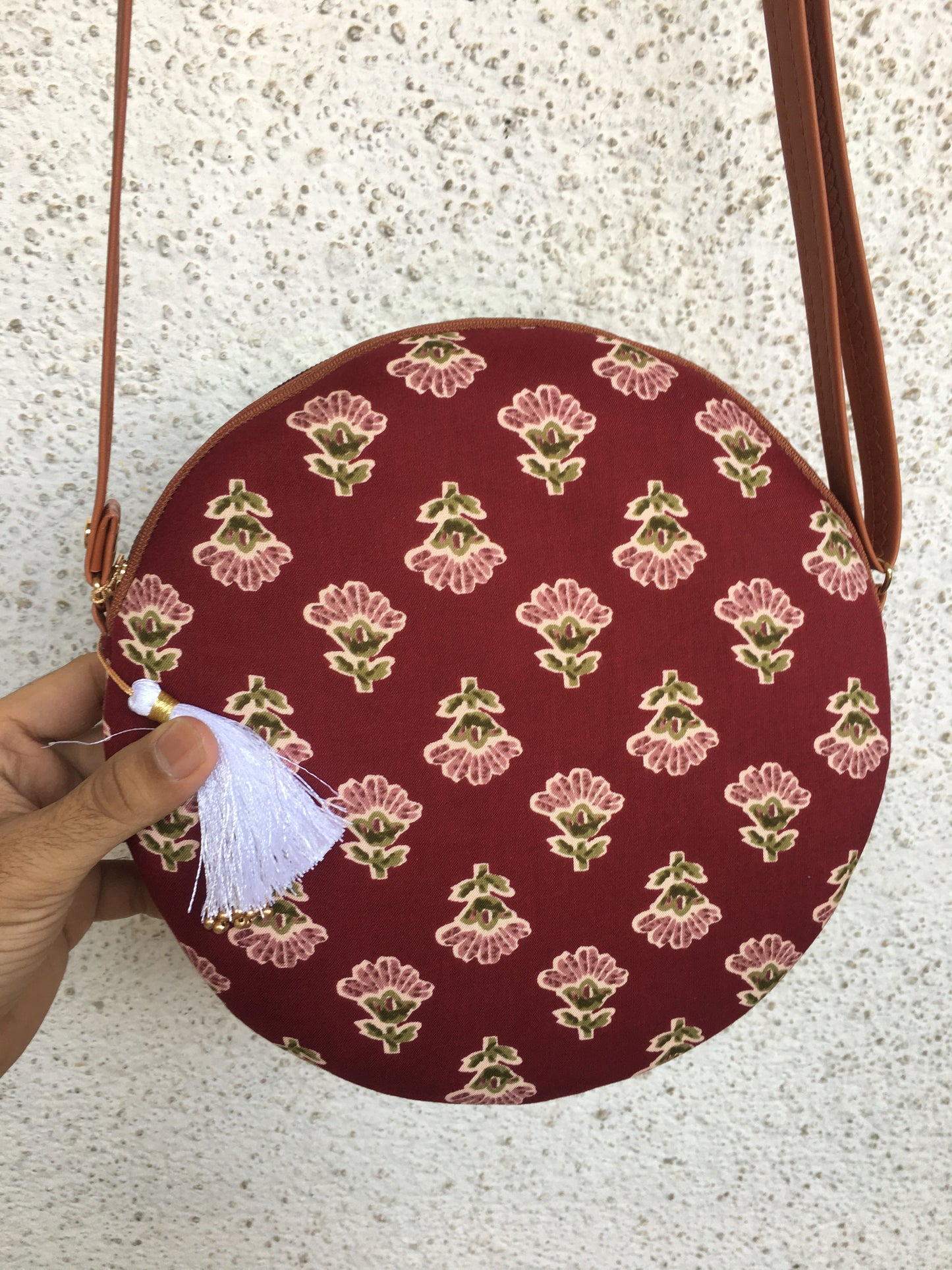 Maroon Pink Flower - Cute Round Sling bag