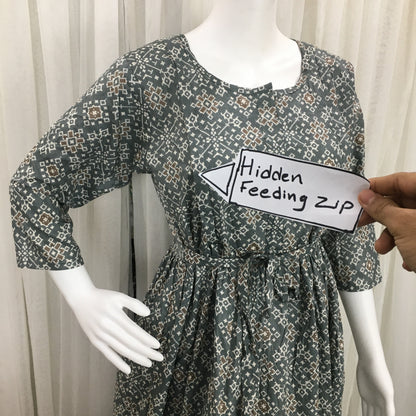 Grey White Flower Print - Maternity Kurti with Feeding Zips