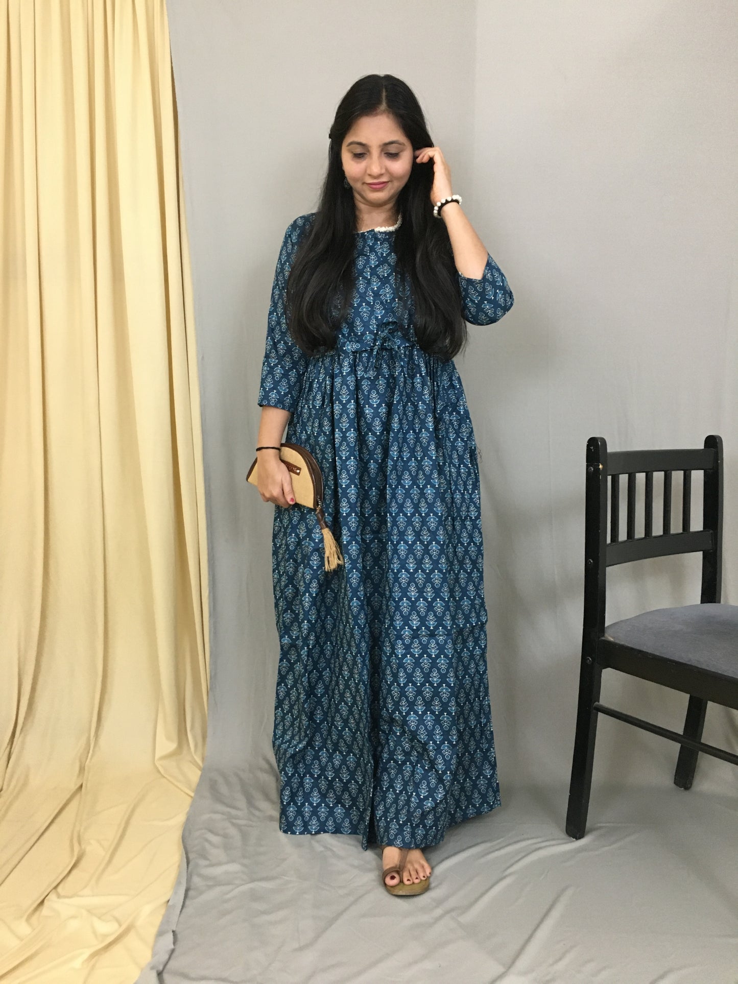 Trees Print - Blue - Maternity Kurti with Feeding Zips - Cambric Cotton