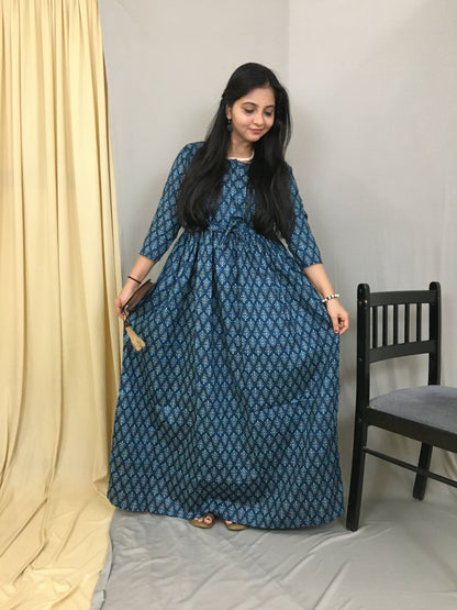 Trees Print - Blue - Maternity Kurti with Feeding Zips - Cambric Cotton