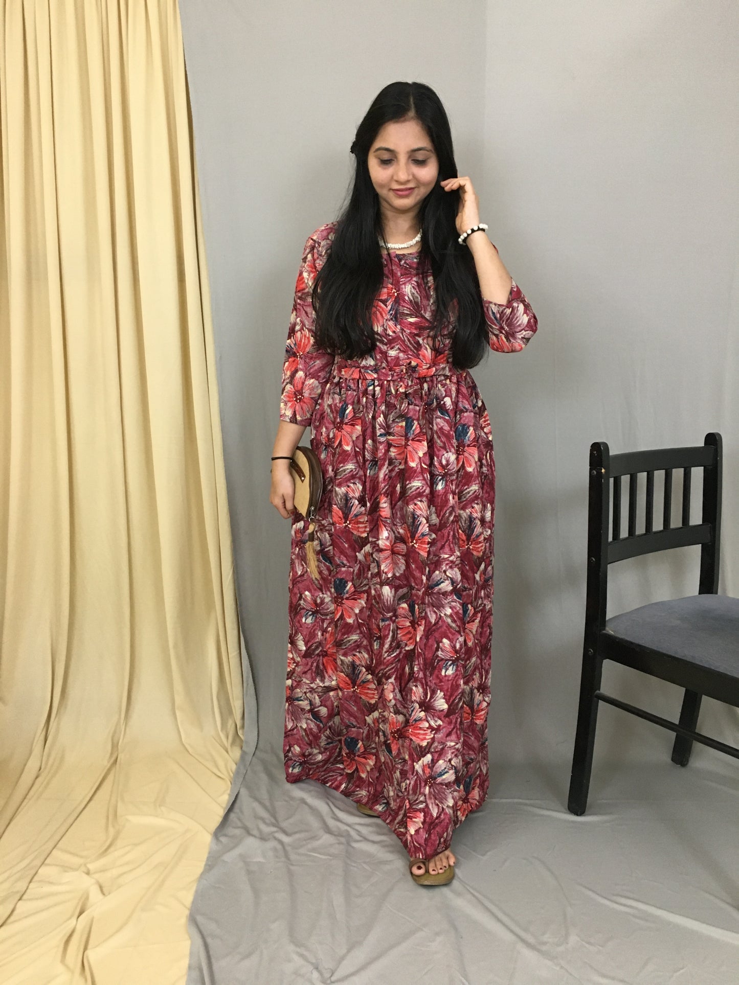 Floral - Wine - Maternity Kurti with Feeding Zips - Soft Rayon