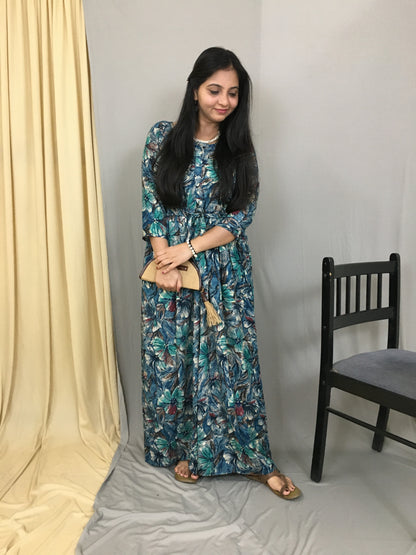 Floral Peacock Blue - Maternity Kurti with Feeding Zips - Soft Rayon