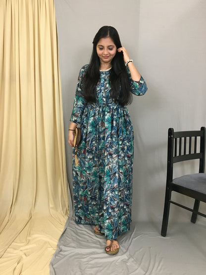 Floral Peacock Blue - Maternity Kurti with Feeding Zips - Soft Rayon