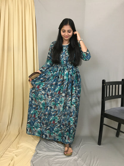 Floral Peacock Blue - Maternity Kurti with Feeding Zips - Soft Rayon