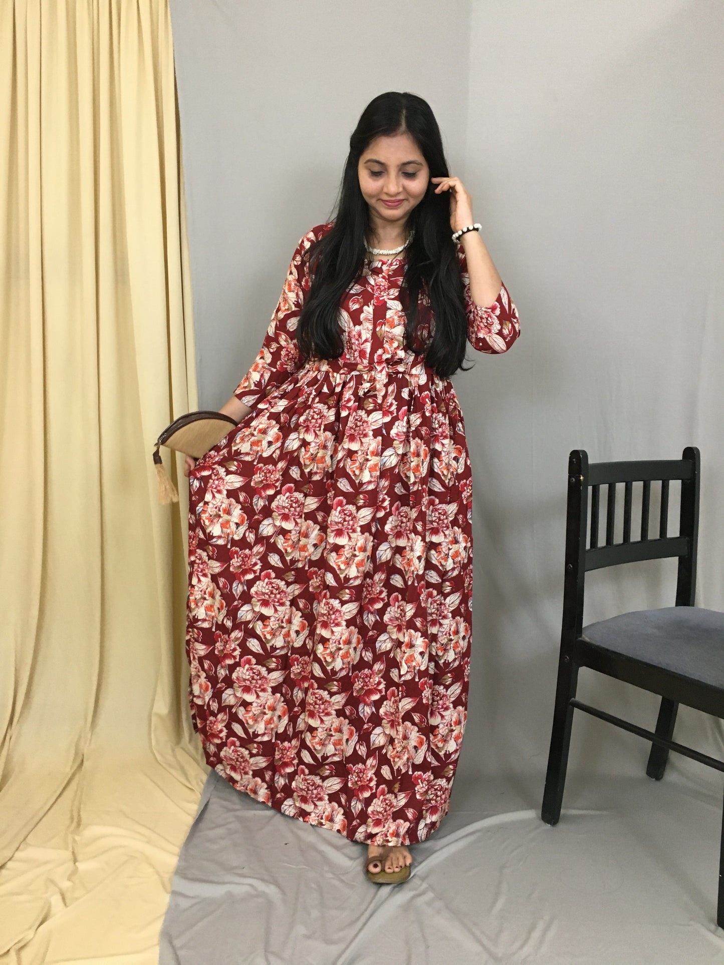 Floral - Red - Maternity Kurti with Feeding Zips - Soft Rayon