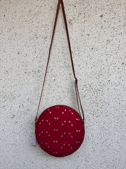 Pink Bandhani Zigzag - Cute Round Sling bag