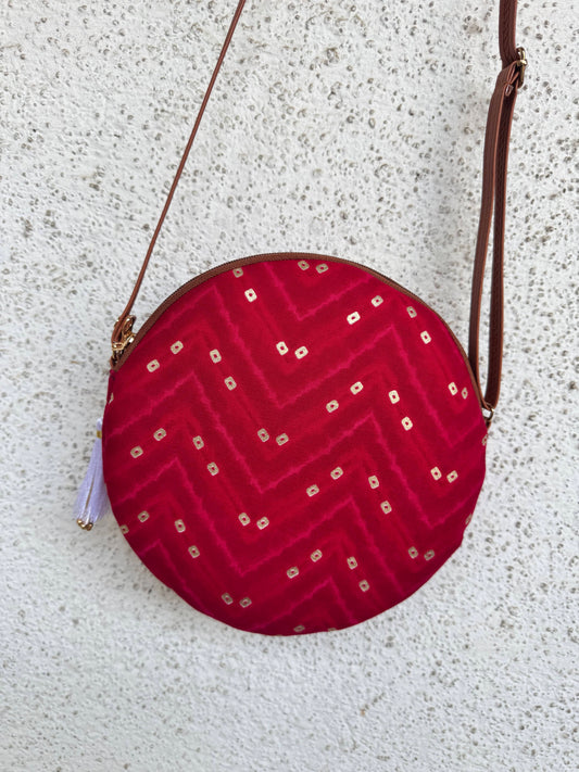 Pink Bandhani Zigzag - Cute Round Sling bag