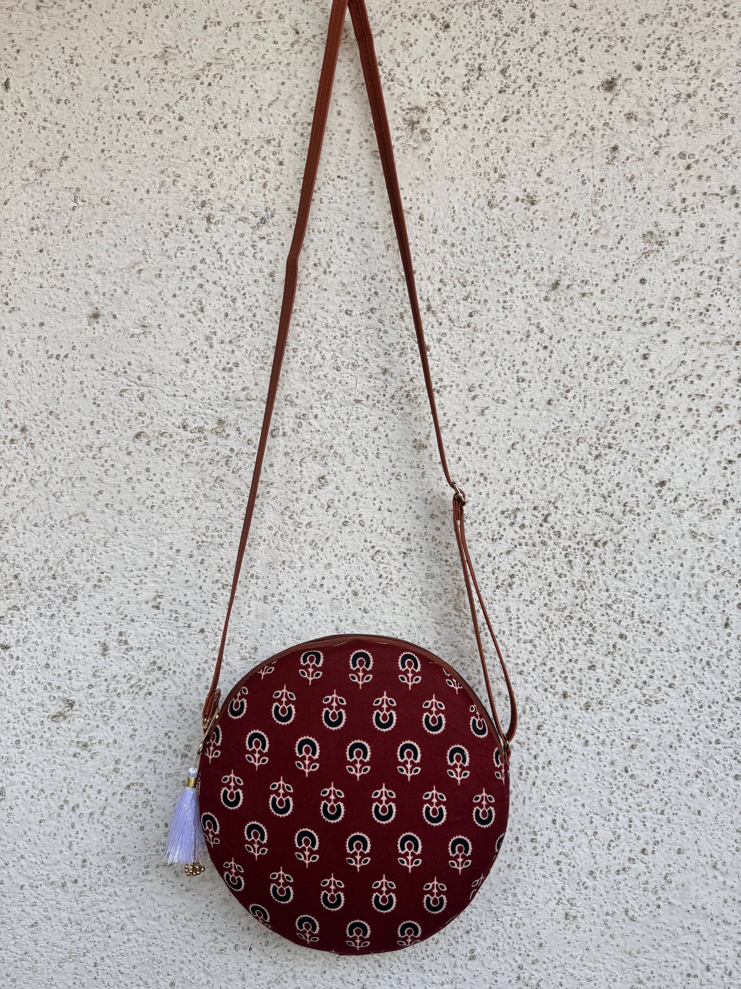 Ajrakh Maroon Sunflower - Cute Round Sling bag