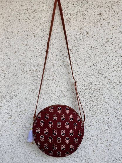 Ajrakh Maroon Sunflower - Cute Round Sling bag