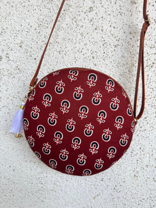 Ajrakh Maroon Sunflower - Cute Round Sling bag