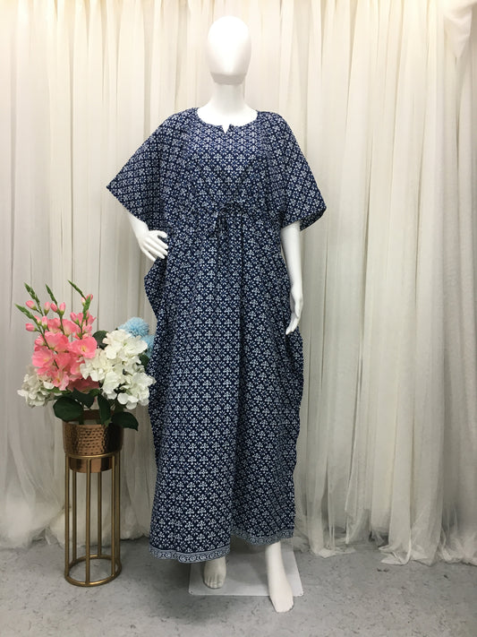 Batik Flower - Navy Blue - Maternity Kaftan - Pure Cotton  - Free Size