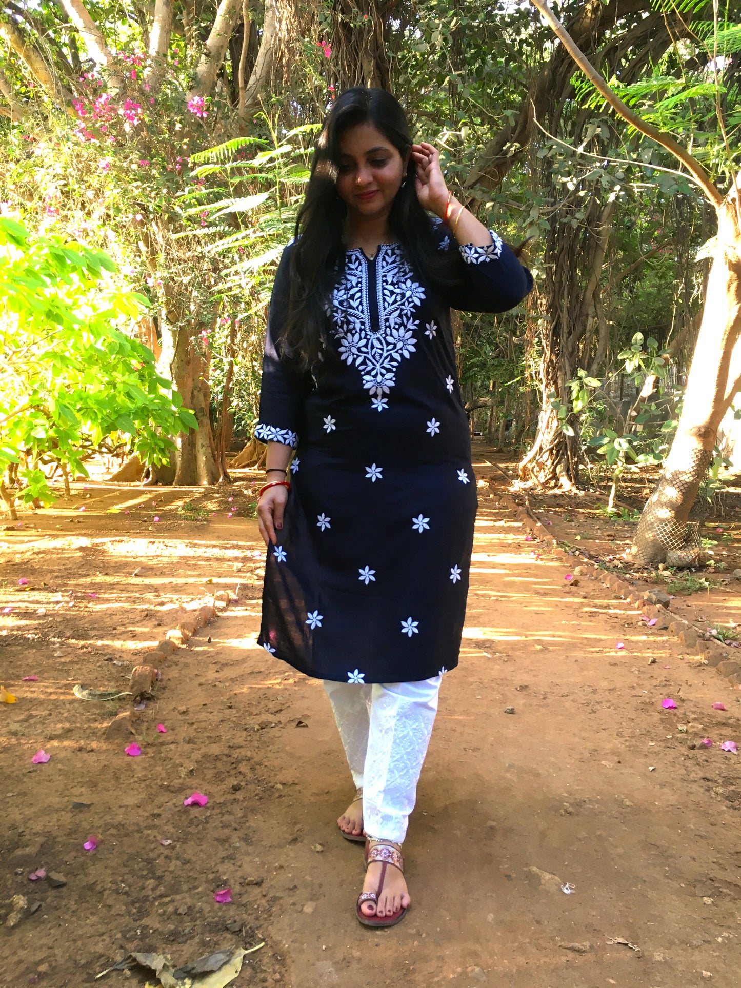 Navy Blue -  Sunflower Design - Embroidery Kurti - Soft Rayon