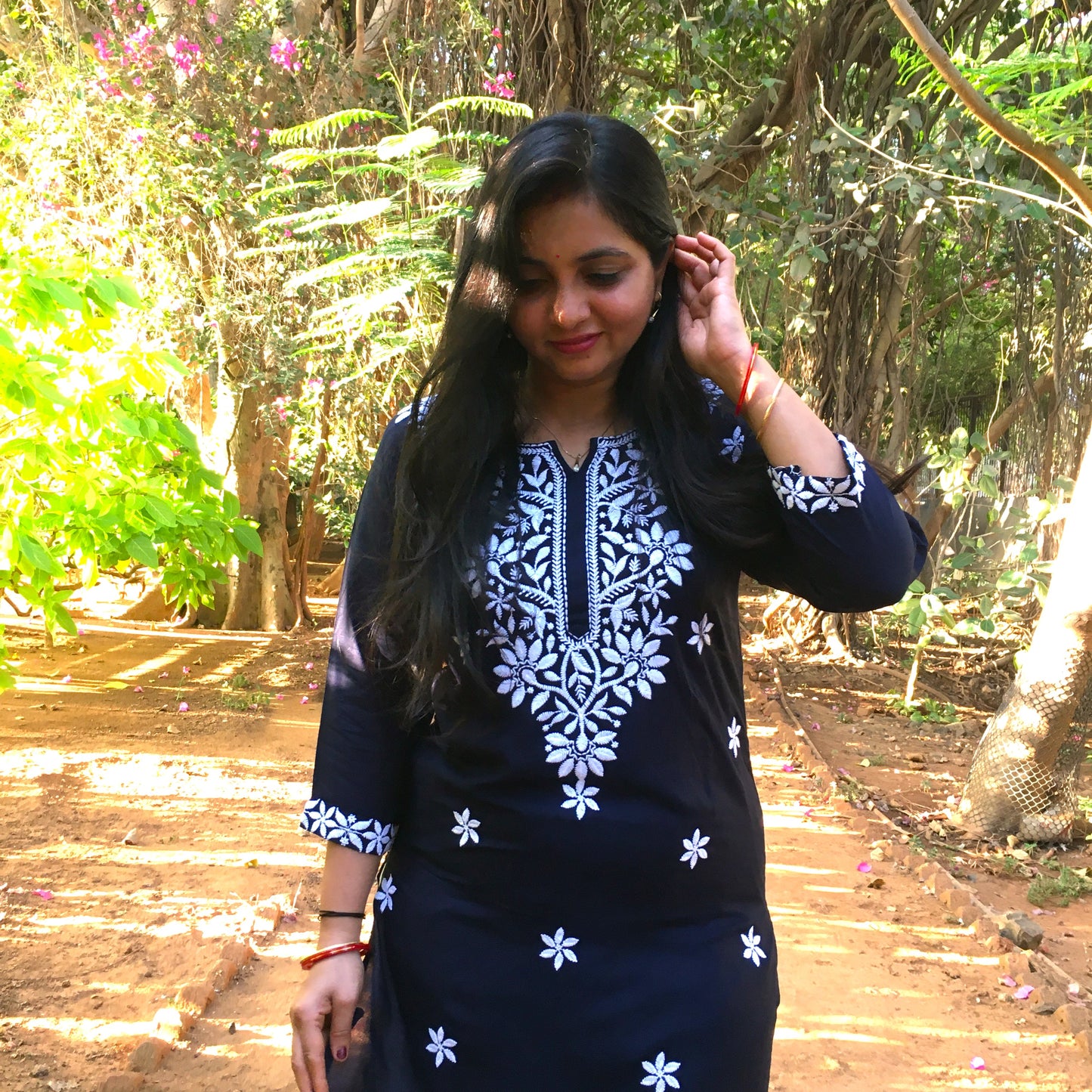 Navy Blue -  Sunflower Design - Embroidery Kurti - Soft Rayon