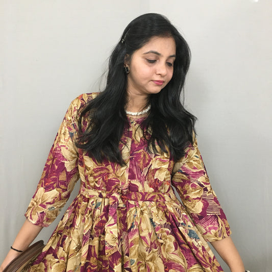 Hibiscus Flower Print  - Pink Gold  - Maternity Kurti with Feeding Zips - Soft Rayon