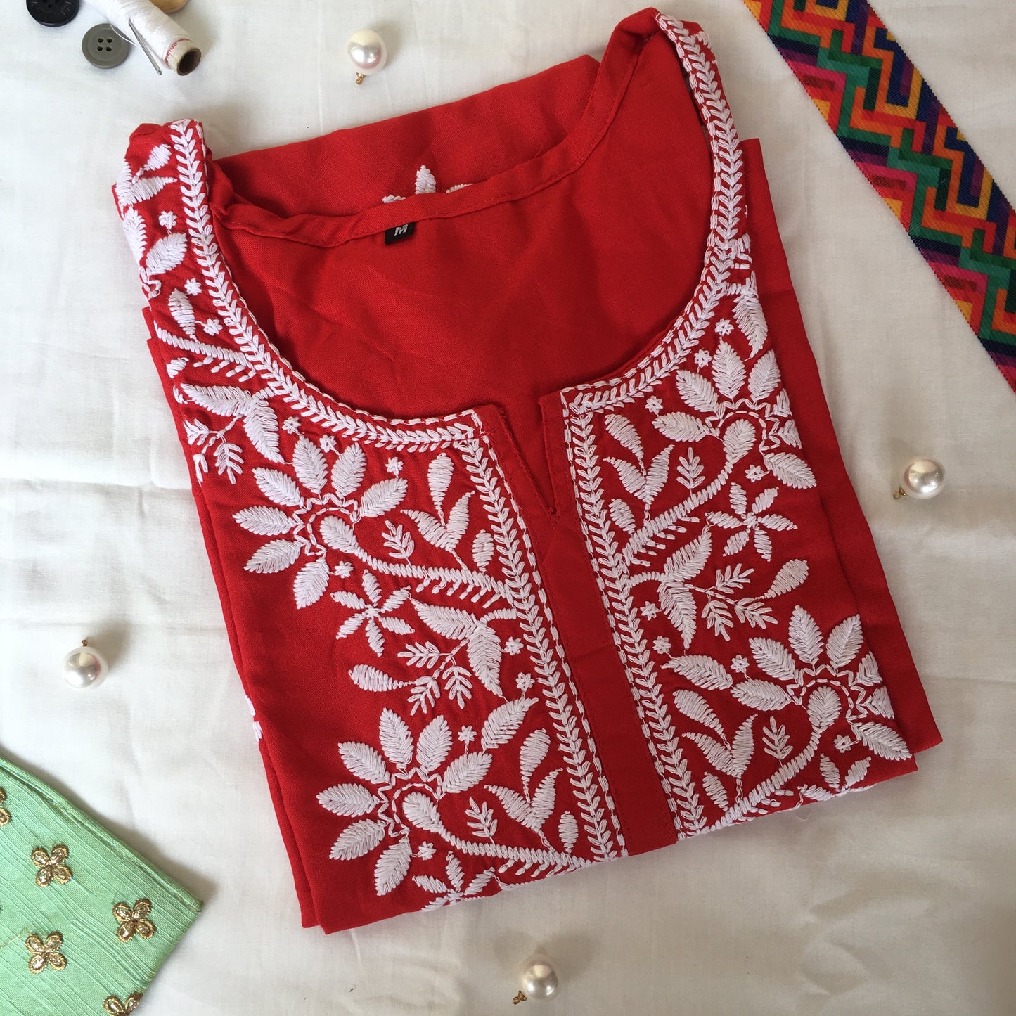 Red -  Sunflower Design - Embroidery Kurti - Soft Rayon