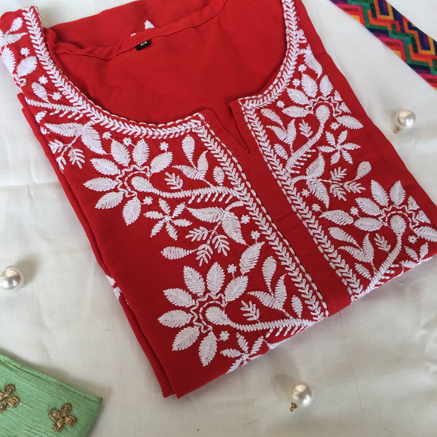 Red -  Sunflower Design - Embroidery Kurti - Soft Rayon