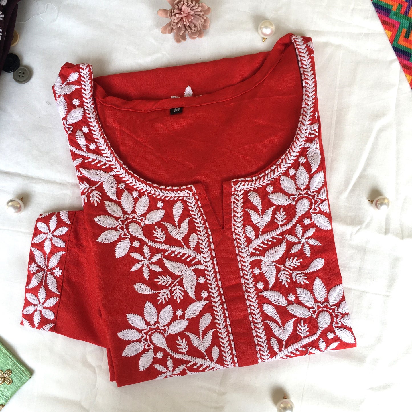 Red -  Sunflower Design - Embroidery Kurti - Soft Rayon