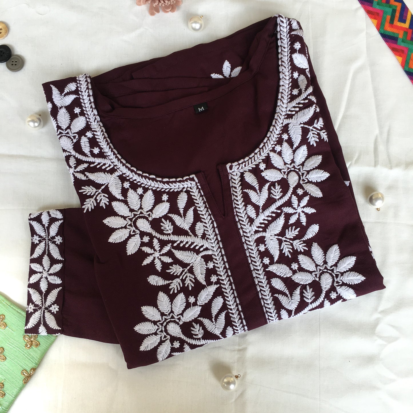 Wine Colour -  Sunflower Design - Embroidery Kurti - Soft Rayon