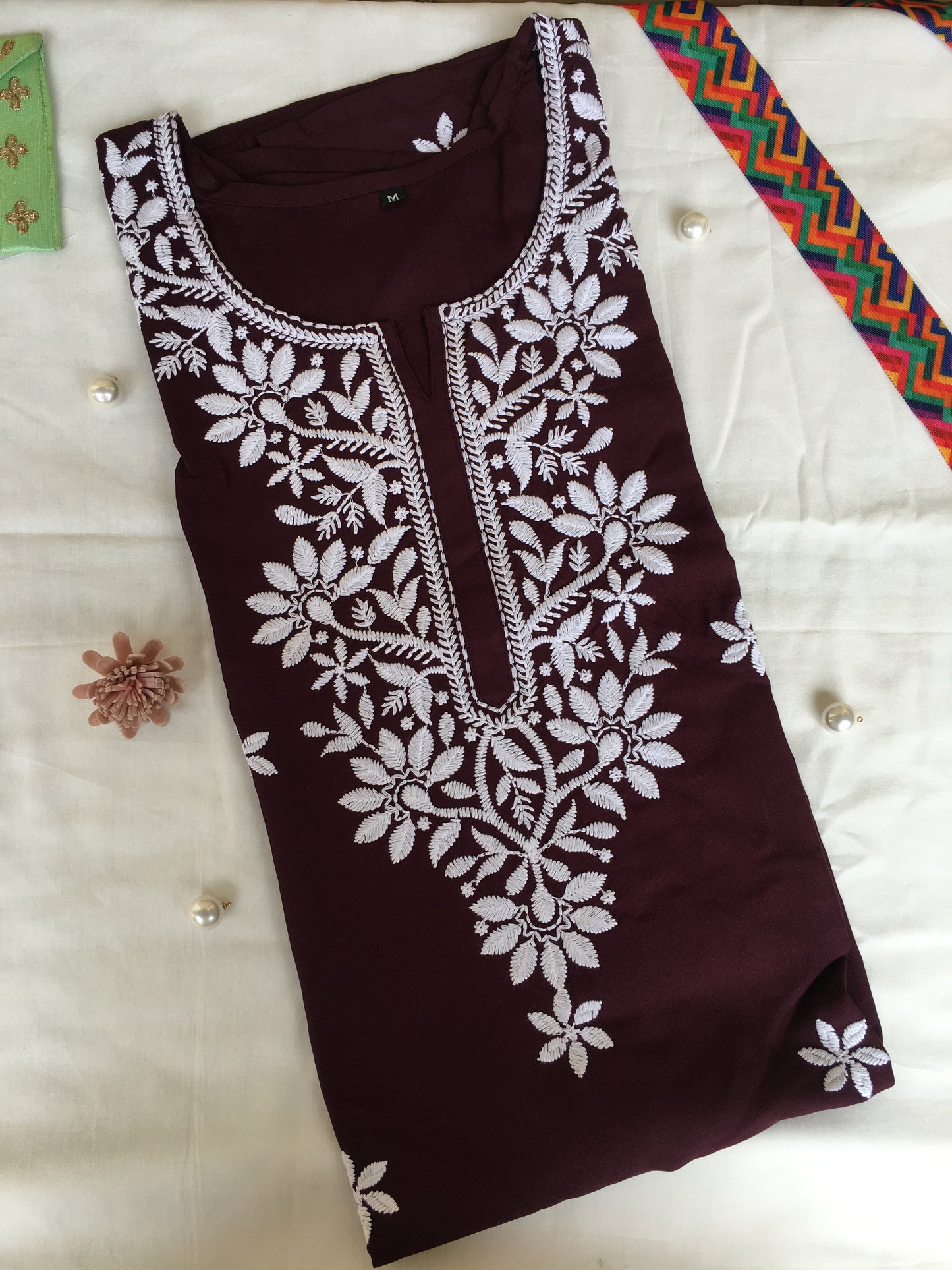 Wine Colour -  Sunflower Design - Embroidery Kurti - Soft Rayon