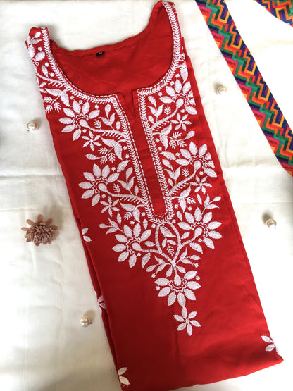 Red -  Sunflower Design - Embroidery Kurti - Soft Rayon