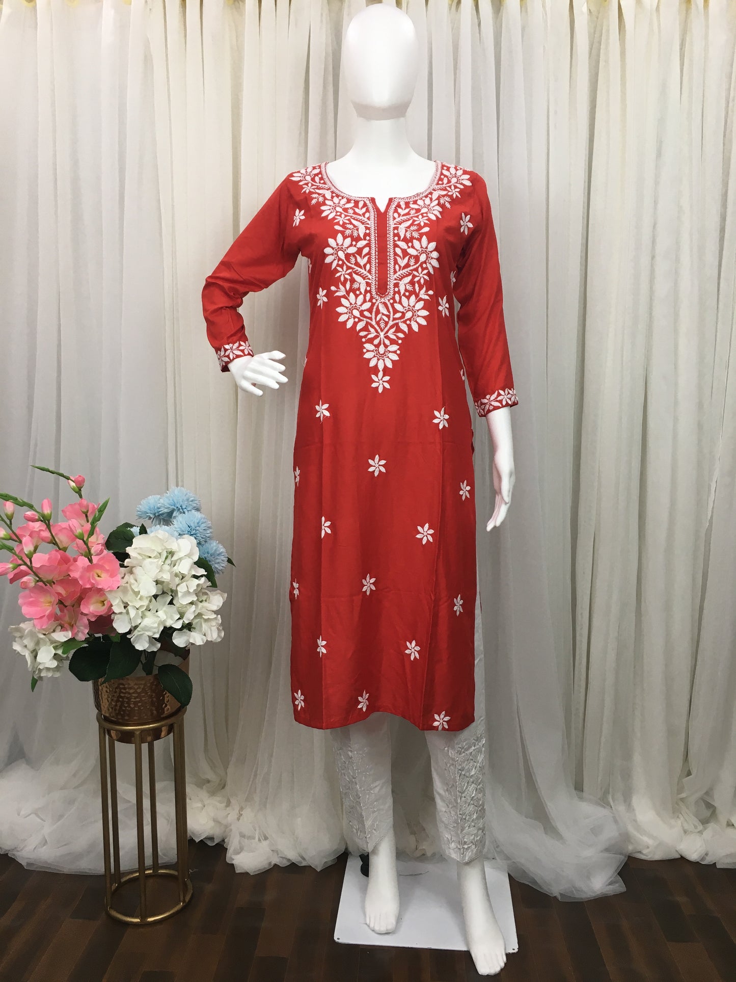 Red -  Sunflower Design - Embroidery Kurti - Soft Rayon