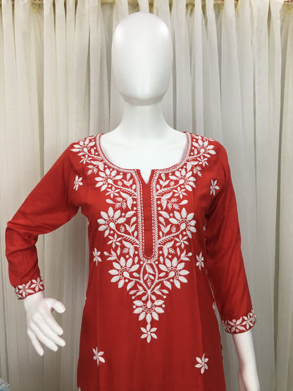 Red -  Sunflower Design - Embroidery Kurti - Soft Rayon