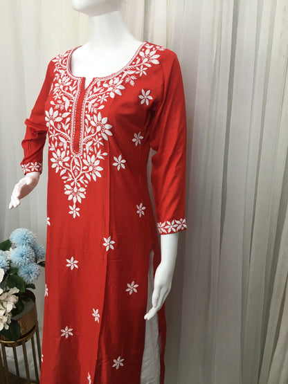 Red -  Sunflower Design - Embroidery Kurti - Soft Rayon