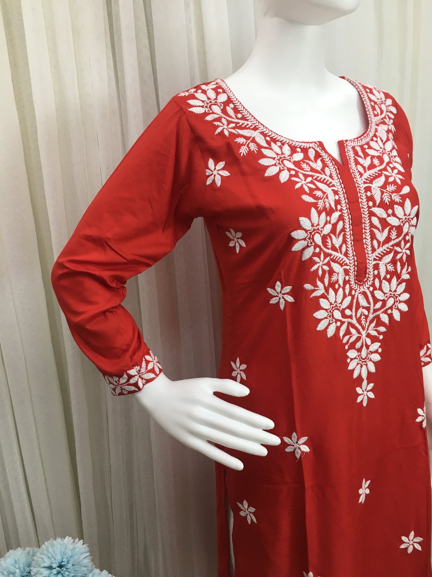 Red -  Sunflower Design - Embroidery Kurti - Soft Rayon