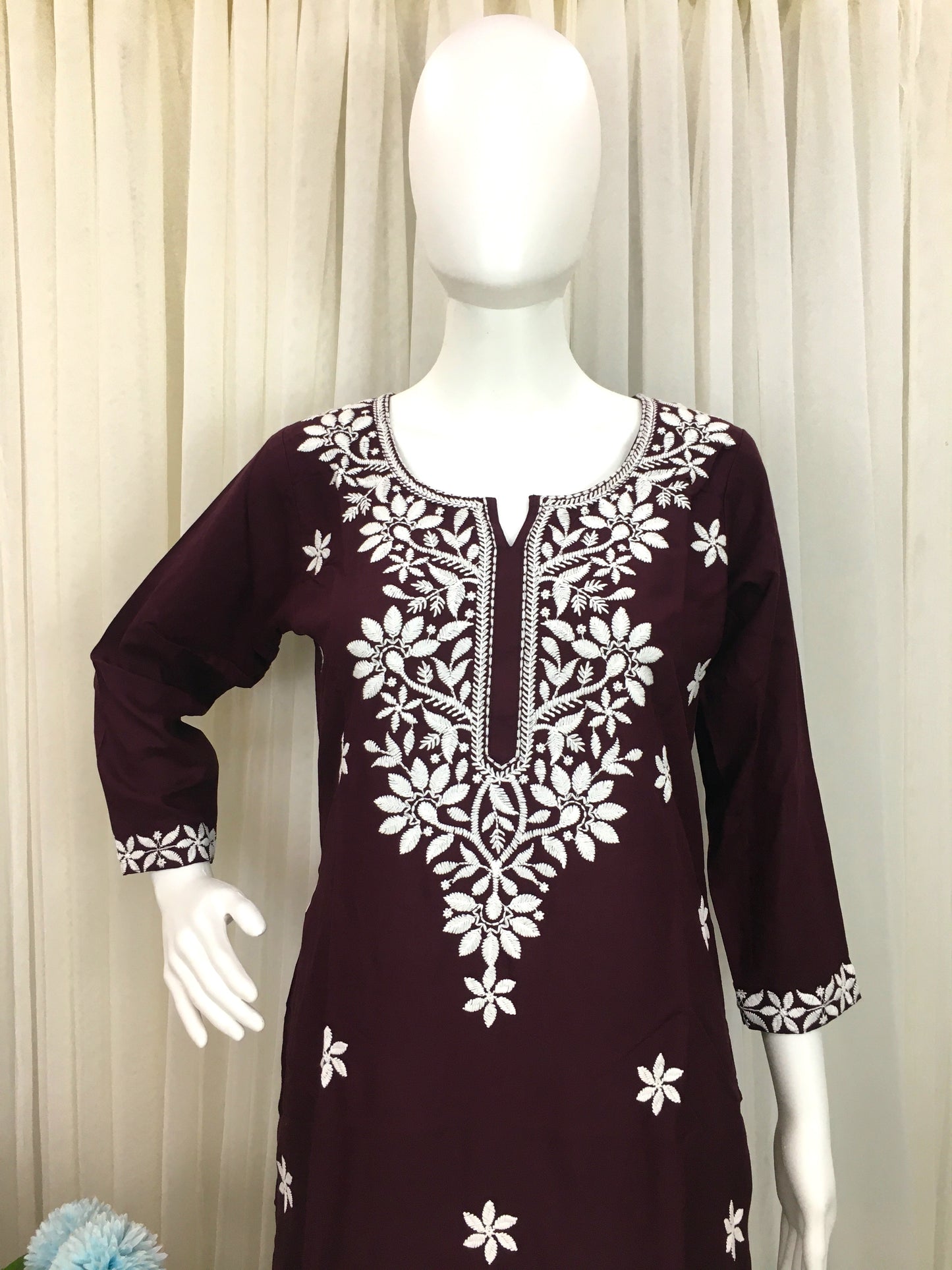 Wine Colour -  Sunflower Design - Embroidery Kurti - Soft Rayon