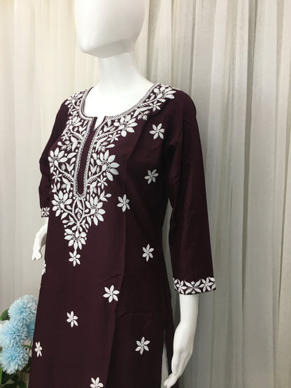 Wine Colour -  Sunflower Design - Embroidery Kurti - Soft Rayon