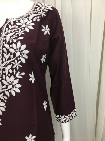 Wine Colour -  Sunflower Design - Embroidery Kurti - Soft Rayon