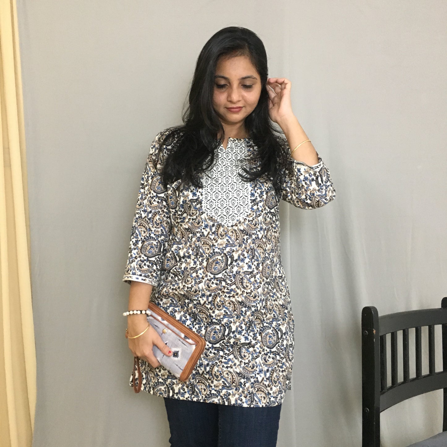 Black Keri - Multi Flower - Short  Kurti  - Pure Cotton
