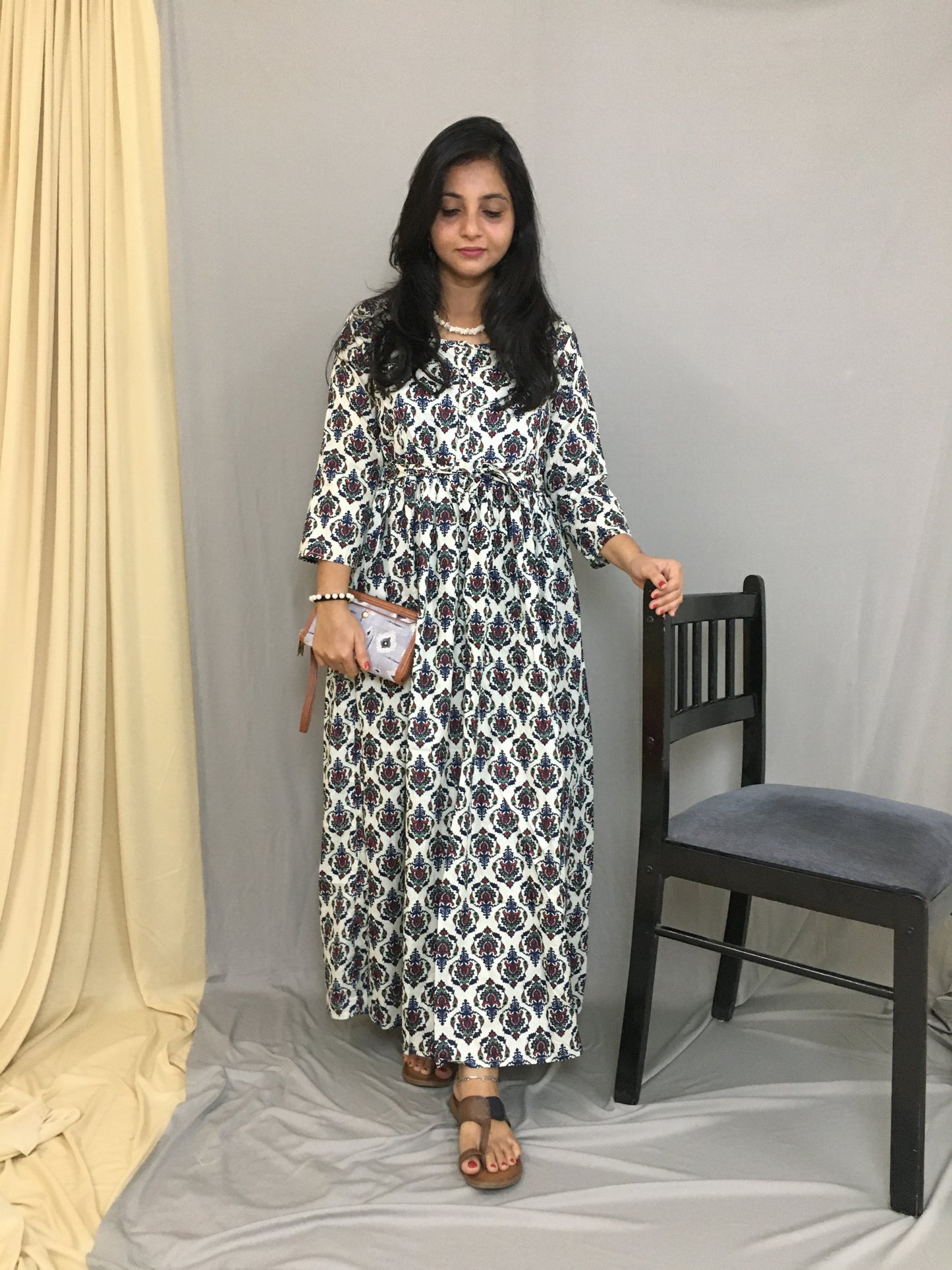 Cream Black Flower - Maternity Kurti with Feeding Zips - Cotton Cambric