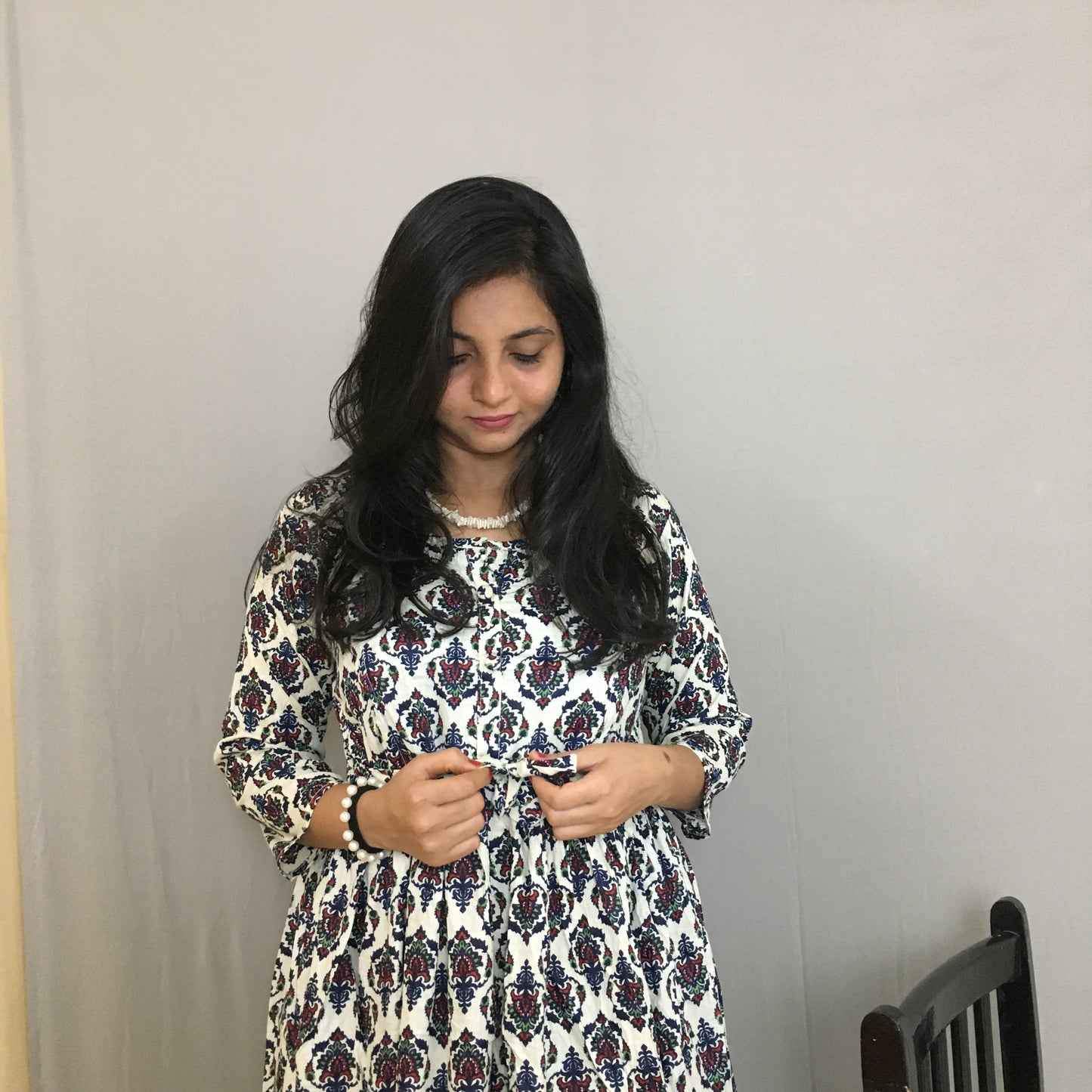 Cream Black Flower - Maternity Kurti with Feeding Zips - Cotton Cambric
