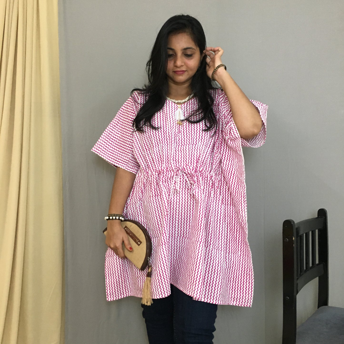 Short Kaftan - Pink Stripes - Pure Cotton  - Trendy Short Kaftan Tops