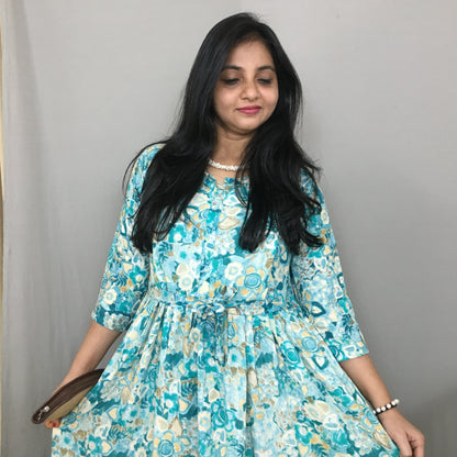 Sea Green White Flower - Maternity Kurti with Feeding Zips - Soft Rayon