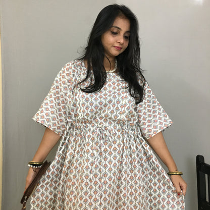 Beautiful Flower Print - Maternity / Feeding Zips - Kaftan - Free Size - Pure Cotton - Dno - 2