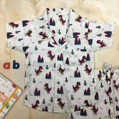 Kids Shirt & Short set - Purple Dainosaur