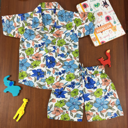 Kids Shirt & Short set - Magic Flower - Sky blue Orange