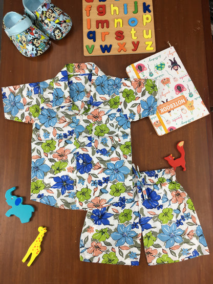 Kids Shirt & Short set - Magic Flower - Sky blue Orange