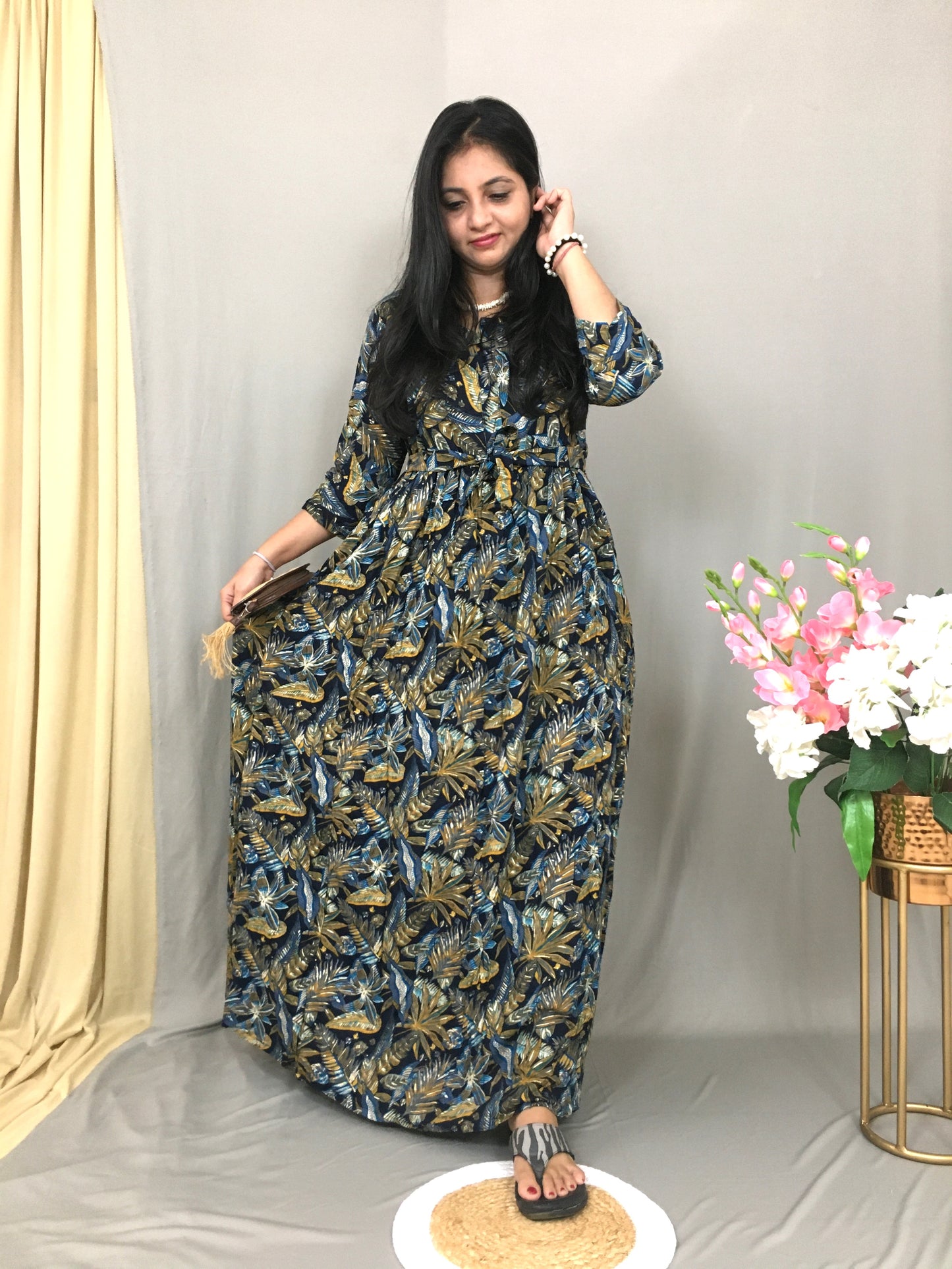 Blue - Palm Leafs Print - Maternity Kurti with Feeding Zips - Soft Rayon